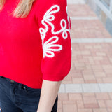 Red Short Sleeve Embroidered Sweater