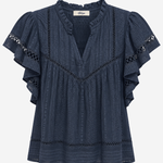 A navy blue textured blouse with short flutter sleeves, a ruffled V-neckline, and eyelet lace trim details, shown against a plain light gray background.