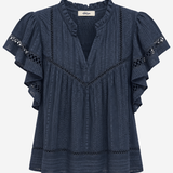 A navy blue textured blouse with short flutter sleeves, a ruffled V-neckline, and eyelet lace trim details, shown against a plain light gray background.