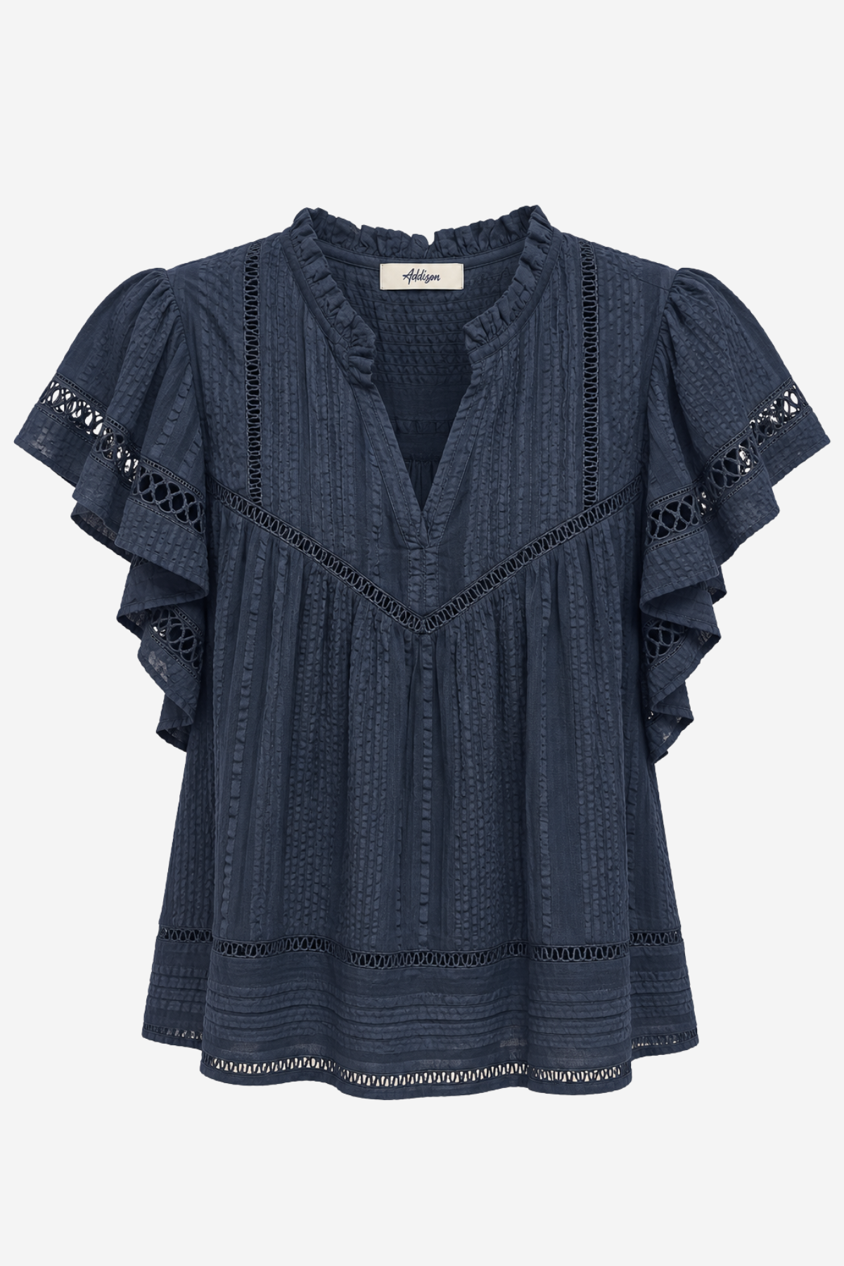 A navy blue textured blouse with short flutter sleeves, a ruffled V-neckline, and eyelet lace trim details, shown against a plain light gray background.