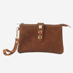 A brown suede wristlet clutch with a matching wrist strap and gold-tone hardware, shown against a plain white background.
