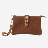 A brown suede wristlet clutch with a matching wrist strap and gold-tone hardware, shown against a plain white background.