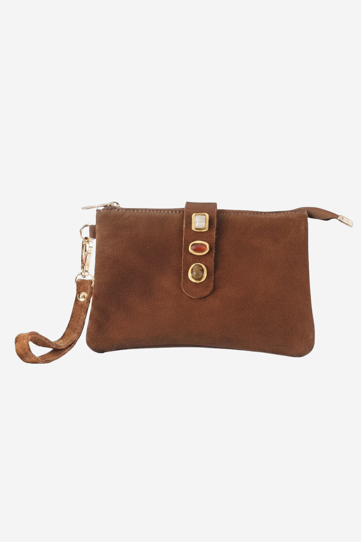A brown suede wristlet clutch with a matching wrist strap and gold-tone hardware, shown against a plain white background.