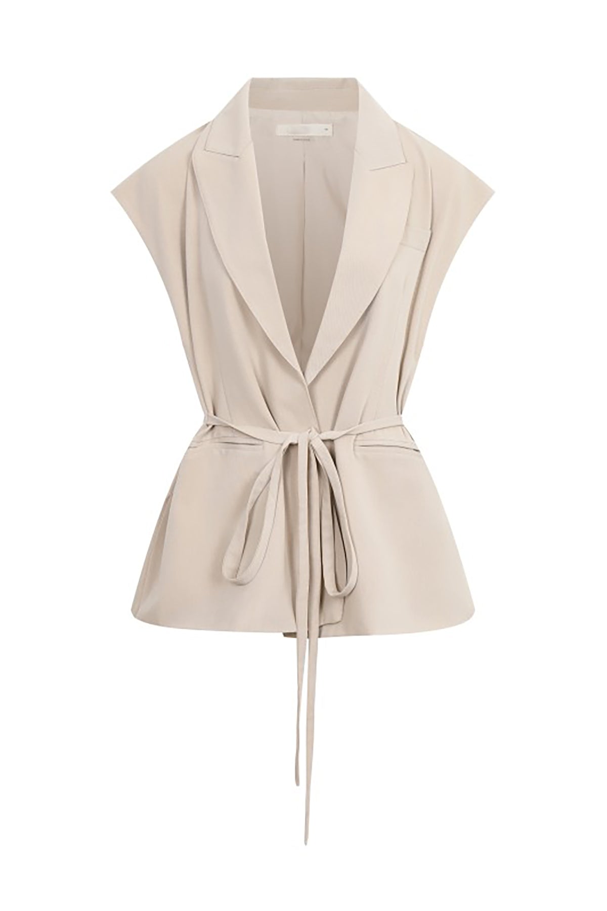 Beige sleeveless blazer with a belt on a white background