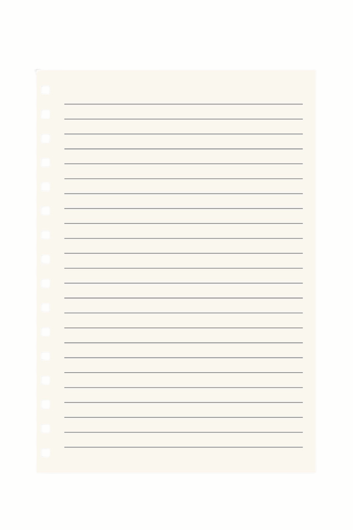 A sheet of off-white lined paper with 11mm punched holes on the left side, shown against a solid white background.