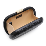 A black woven-texture clutch bag with a gold-tone metal clasp and a beige interior lining, shown open on a white background.