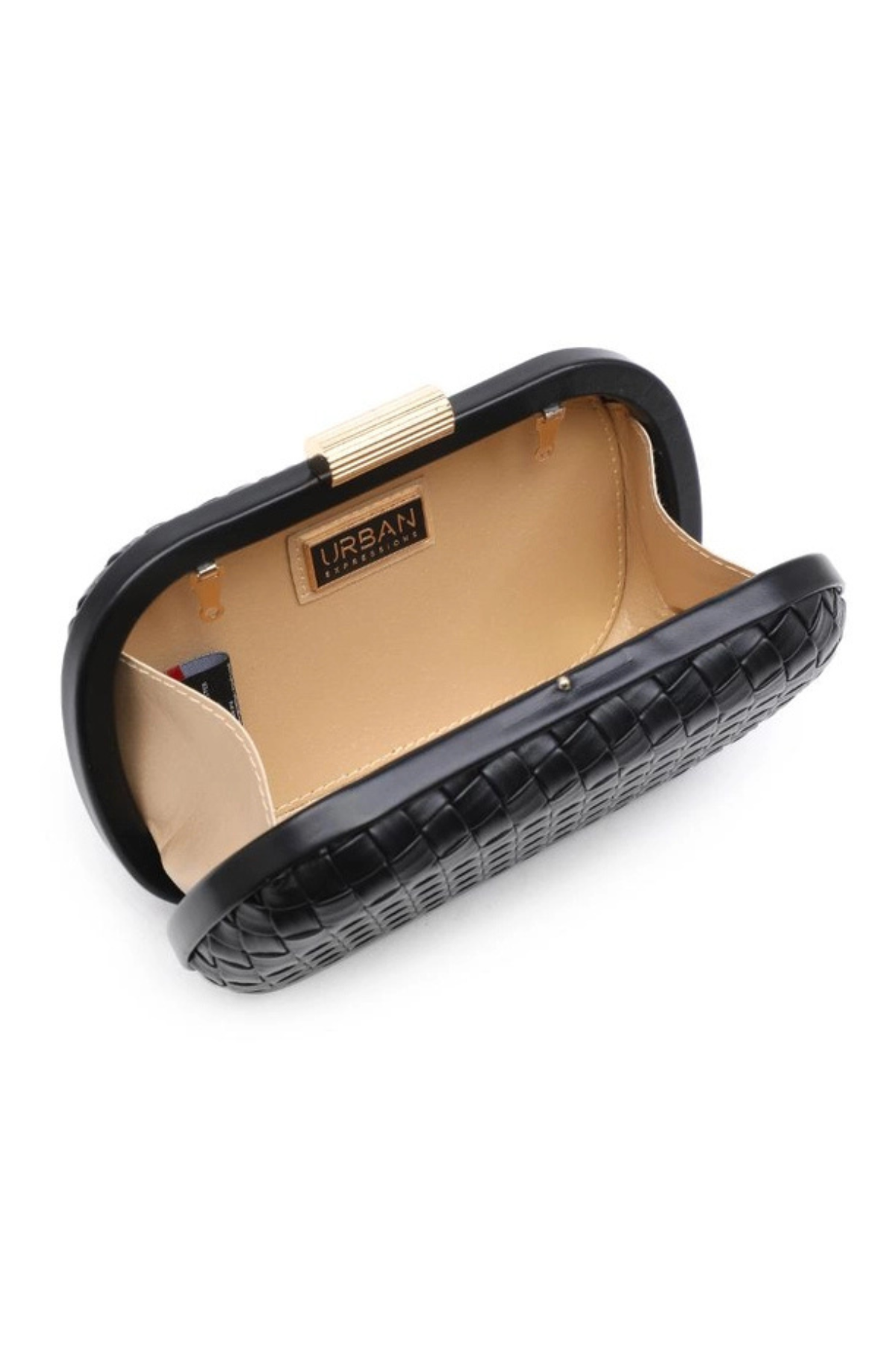 A black woven-texture clutch bag with a gold-tone metal clasp and a beige interior lining, shown open on a white background.