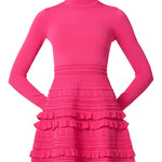 Vibrant pink dress with a sleek, structured silhouette, styled for a festive occasion