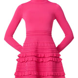 Vibrant pink dress with a sleek, structured silhouette, styled for a festive occasion