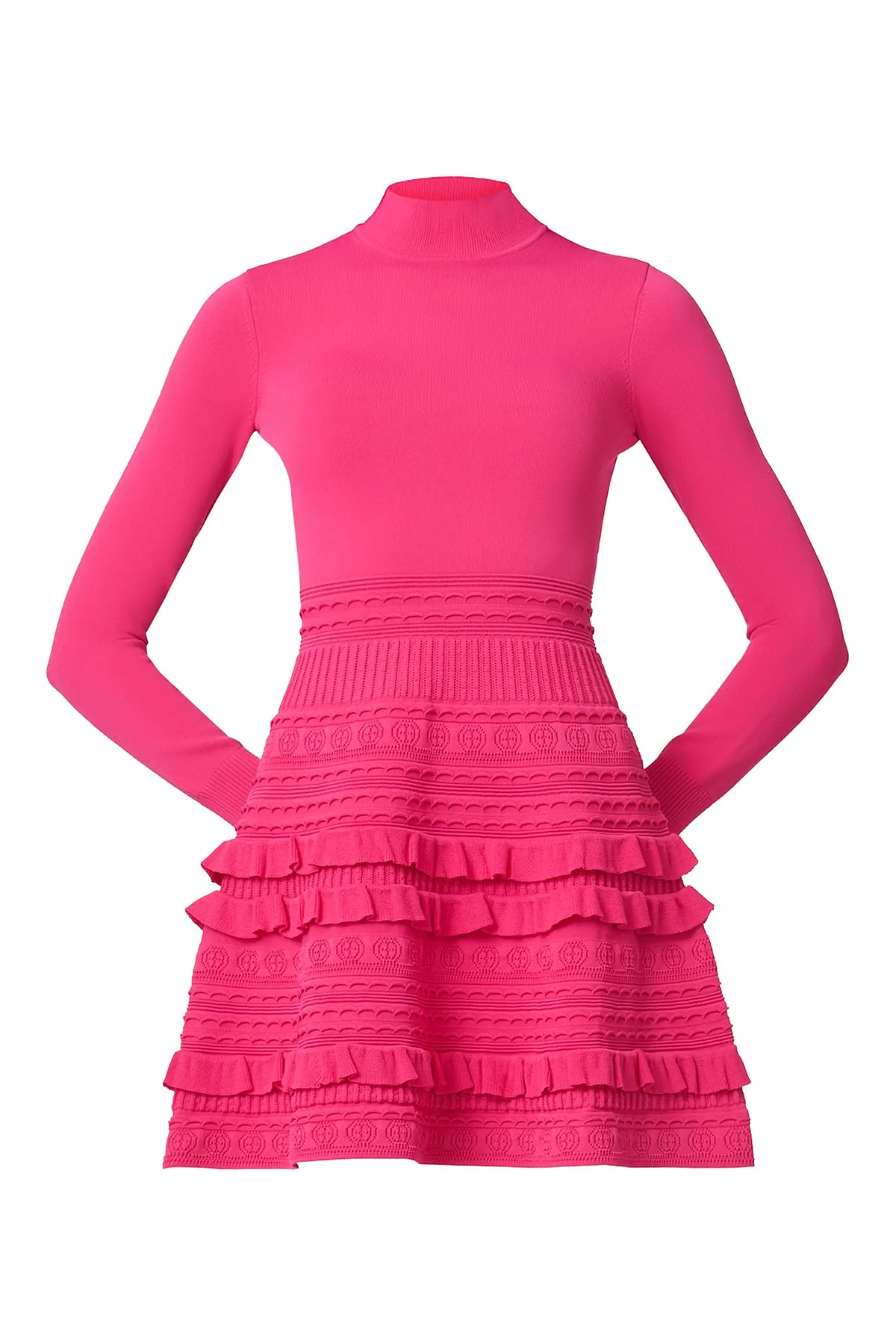 Vibrant pink dress with a sleek, structured silhouette, styled for a festive occasion