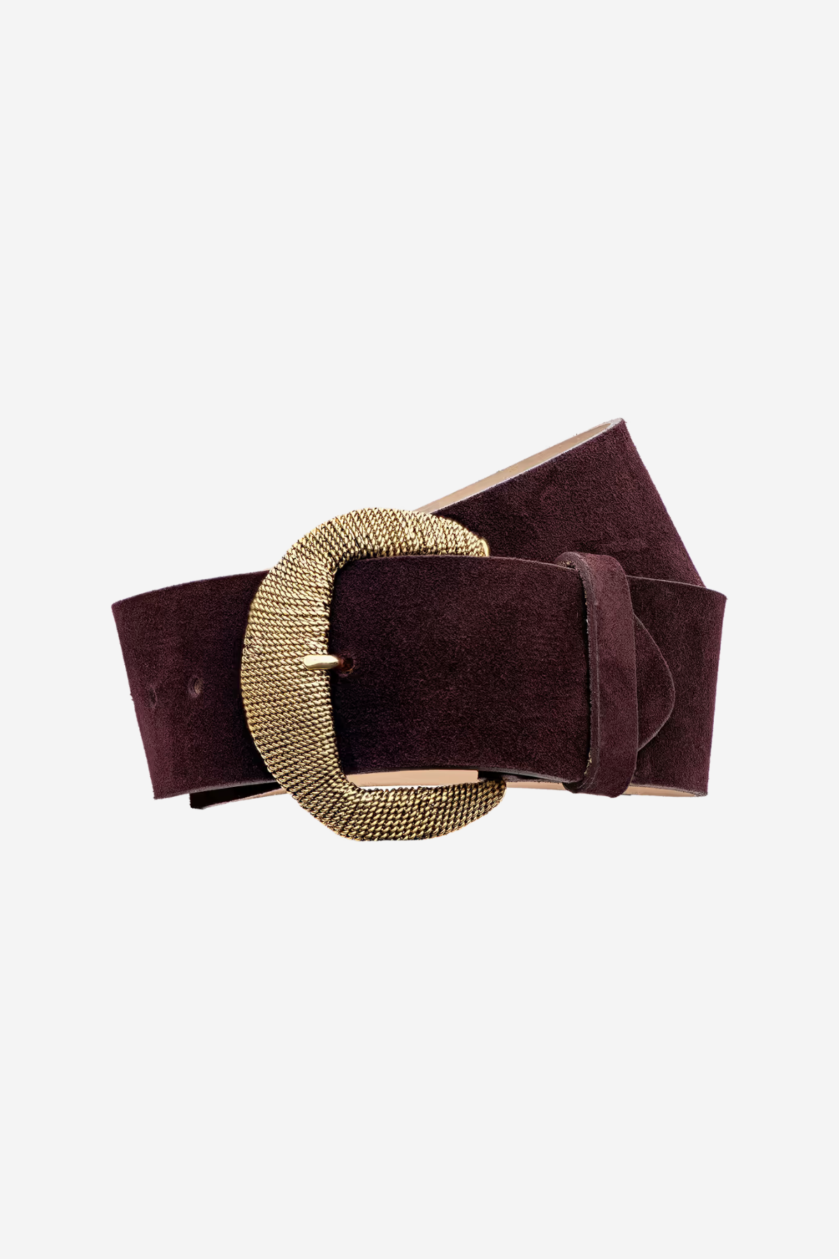 Women's burgundy belt featuring sculpted texture and a statement buckle.