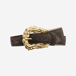 Women's dark belt featuring textured feathered-edge detailing and a polished buckle.