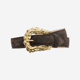 Women's dark belt featuring textured feathered-edge detailing and a polished buckle.
