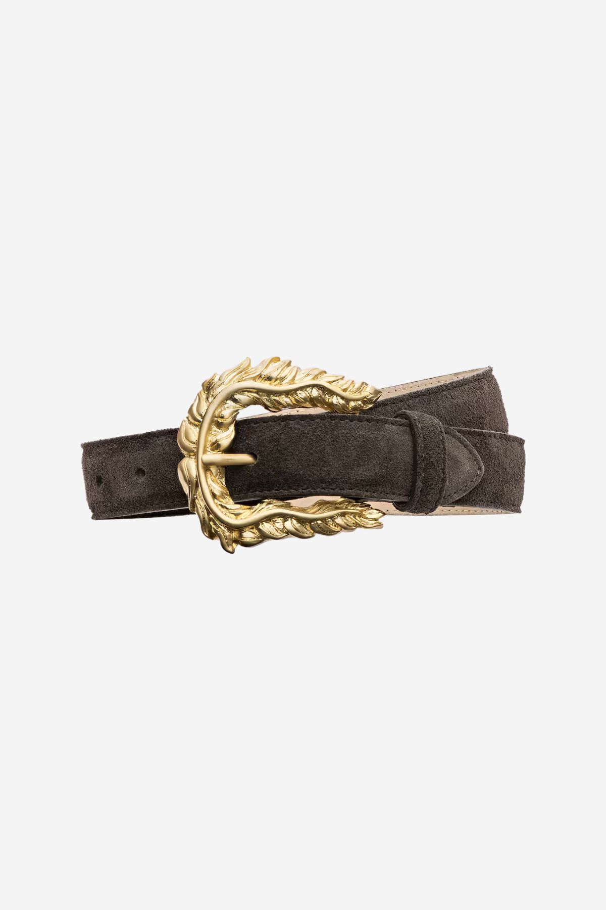 Women's dark belt featuring textured feathered-edge detailing and a polished buckle.