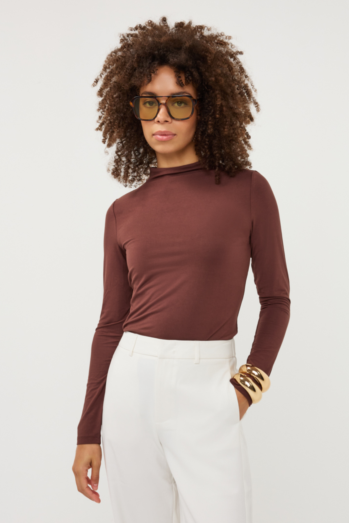 Women's brown long-sleeve turtleneck top featuring a fitted silhouette and classic high neckline.