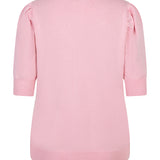 Pink blouse with ruffled shoulders on a white background