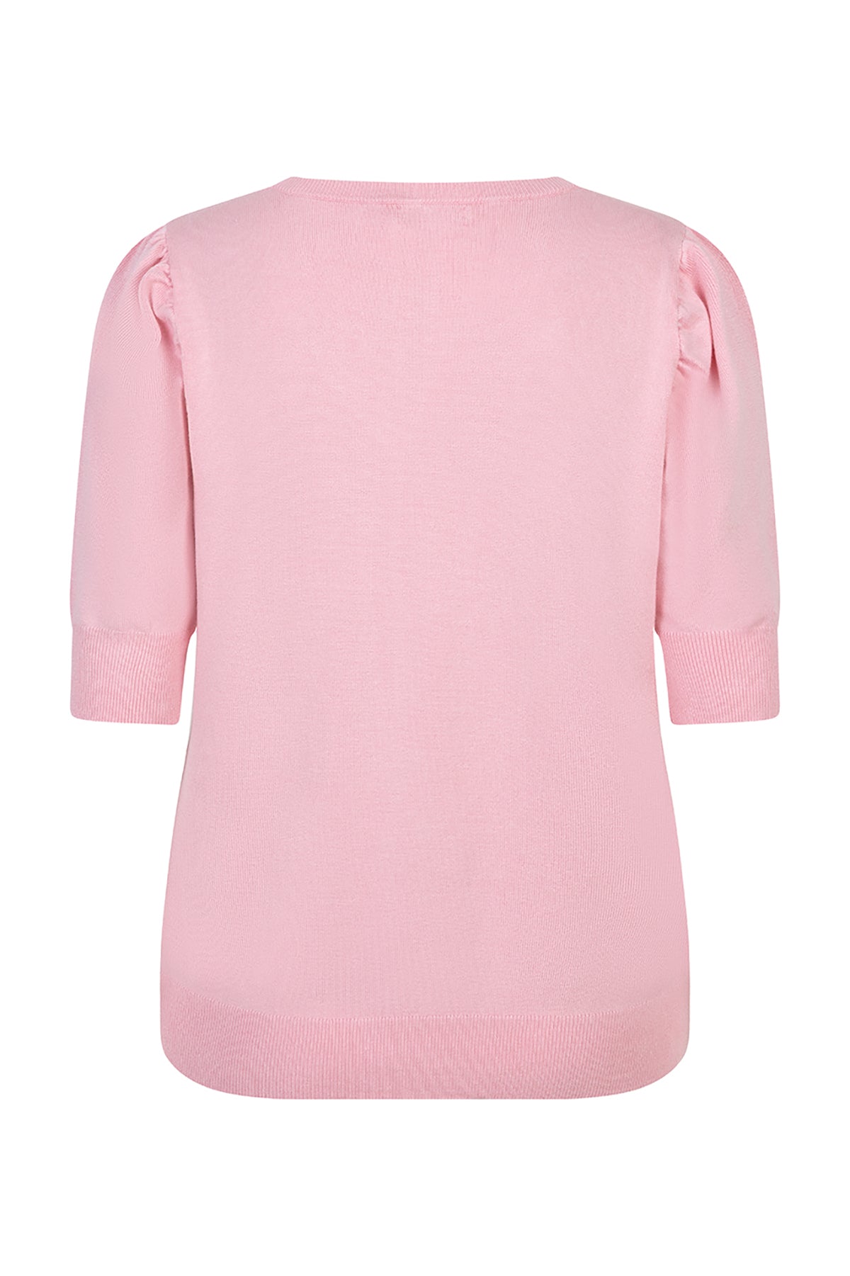 Pink blouse with ruffled shoulders on a white background