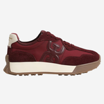 A low-top sneaker in burgundy suede and leather with a cream midsole and a brown gum outsole, shown from the side on a light gray background.