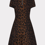 A short-sleeve fit-and-flare dress with a brown and black leopard print pattern, featuring a silver zipper at the back neckline, shown against a light gray background.