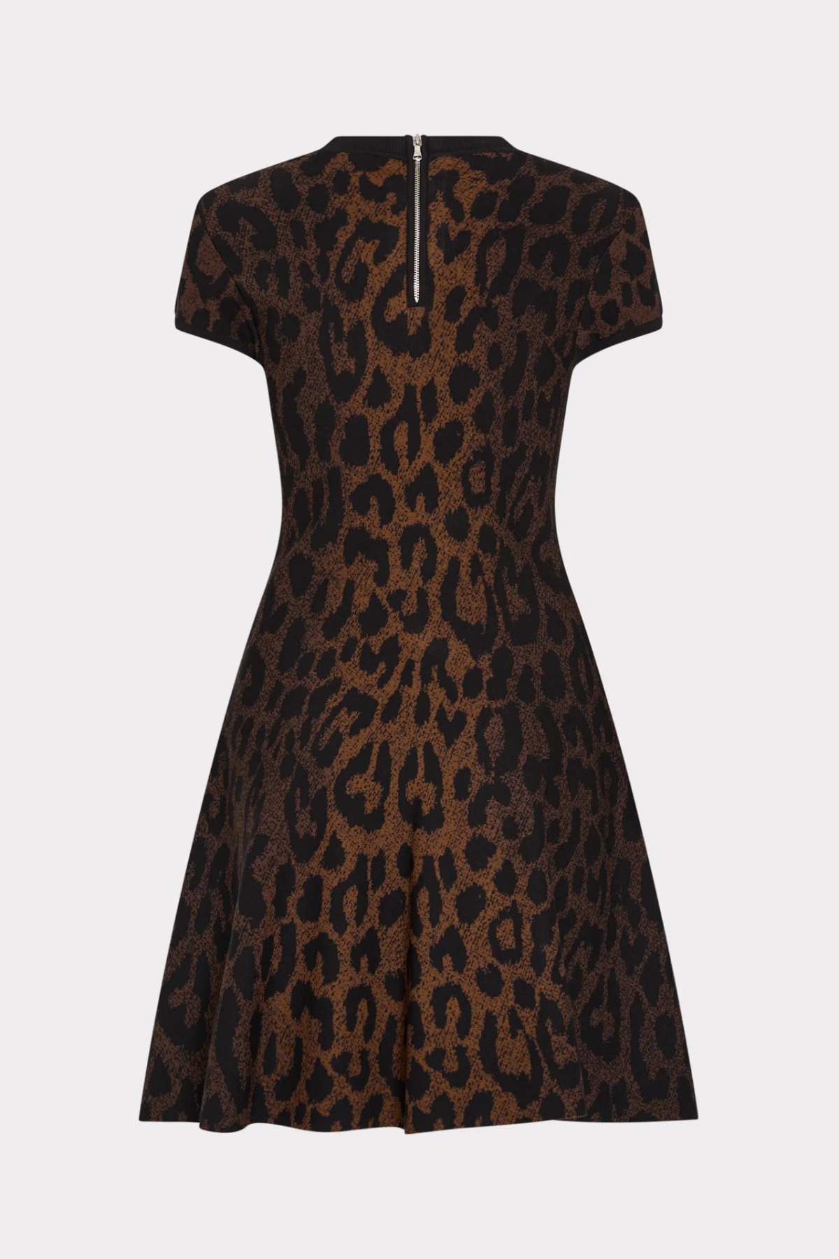 A short-sleeve fit-and-flare dress with a brown and black leopard print pattern, featuring a silver zipper at the back neckline, shown against a light gray background.