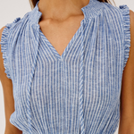 Blue and white striped dress with ruffled shoulders on a plain background