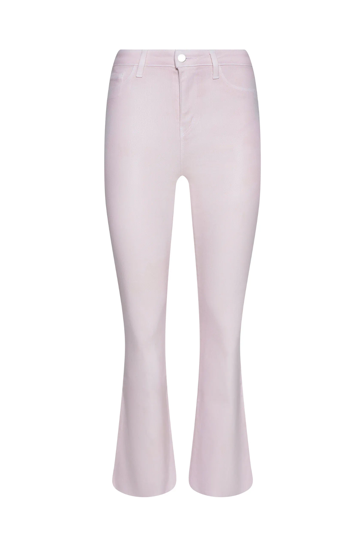 Light pink flared jeans on a white background