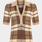 A short-sleeve knit polo-style top with a plaid pattern in brown, beige, and cream, featuring a V-neck with three buttons and a ribbed collar, cuffs, and hem.