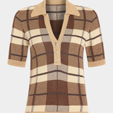 A short-sleeve knit polo-style top with a plaid pattern in brown, beige, and cream, featuring a V-neck with three buttons and a ribbed collar, cuffs, and hem.