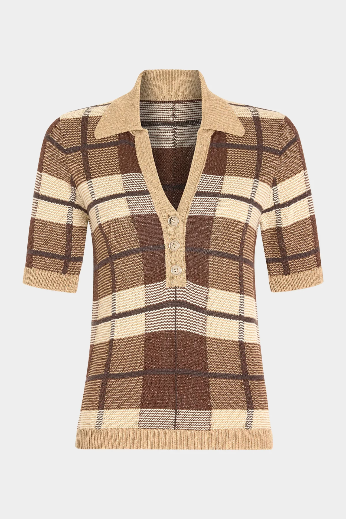 A short-sleeve knit polo-style top with a plaid pattern in brown, beige, and cream, featuring a V-neck with three buttons and a ribbed collar, cuffs, and hem.