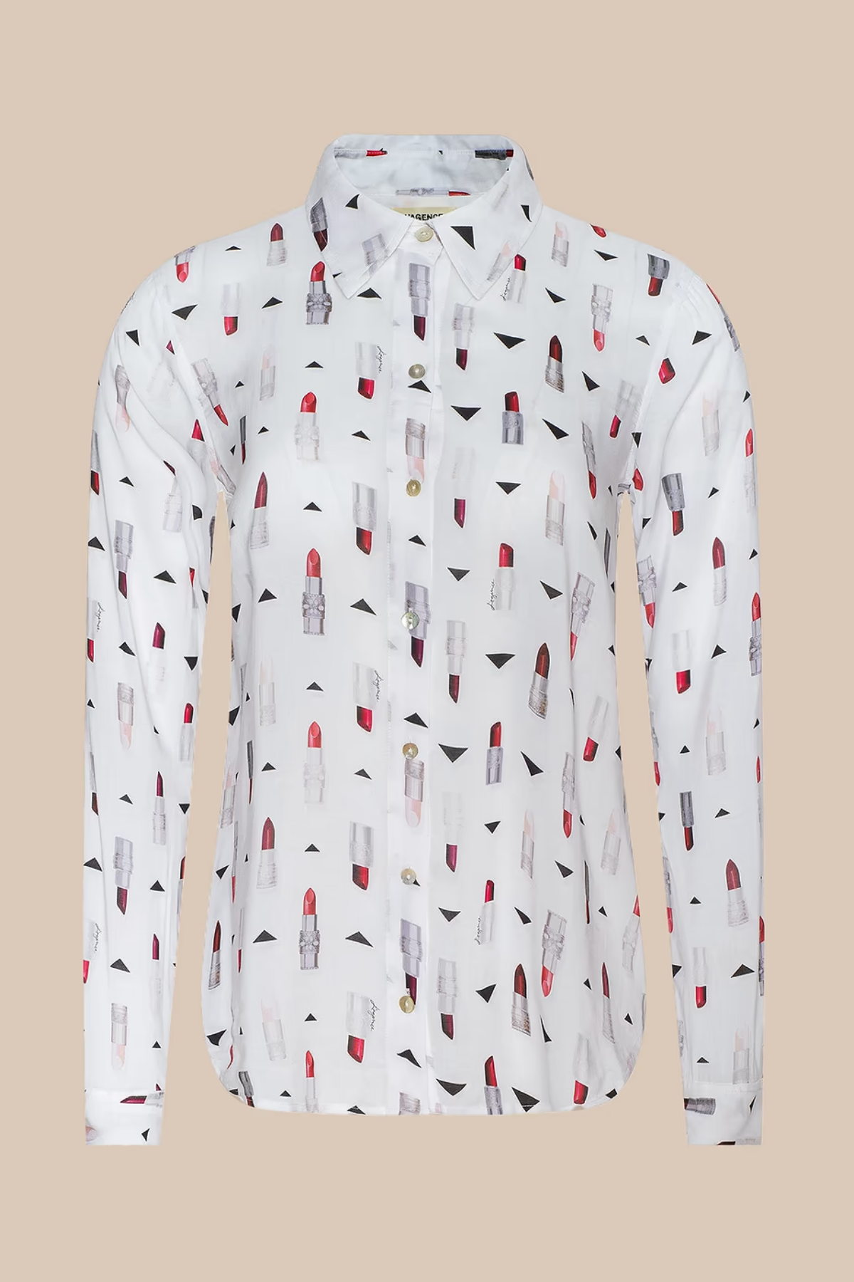 White shirt with lipstick pattern on a beige background