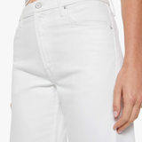 close up of woman in white denim 