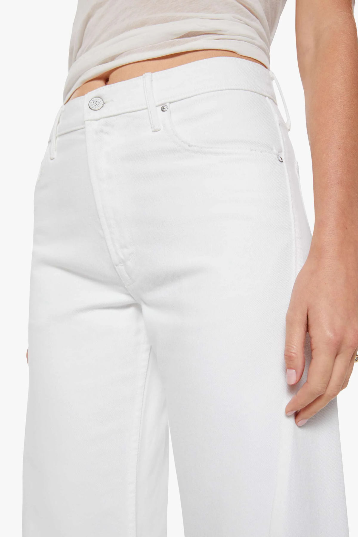close up of woman in white denim 