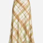 A mid-length A-line skirt with a soft plaid pattern in beige, light brown, and sage green, shown against a plain white background.