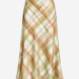 A mid-length A-line skirt with a soft plaid pattern in beige, light brown, and sage green, shown against a plain white background.
