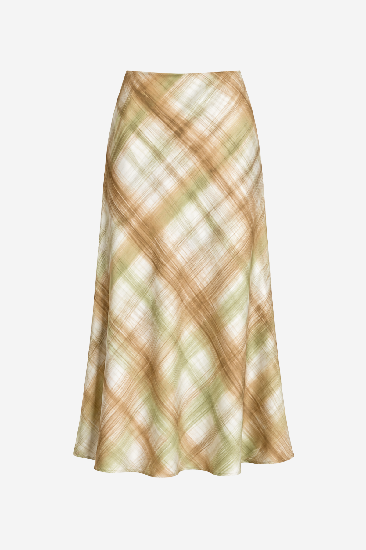 A mid-length A-line skirt with a soft plaid pattern in beige, light brown, and sage green, shown against a plain white background.