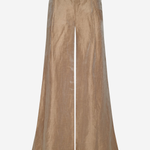 A pair of wide-leg trousers in a shimmering metallic taupe-gold fabric, shown against a plain light gray background.