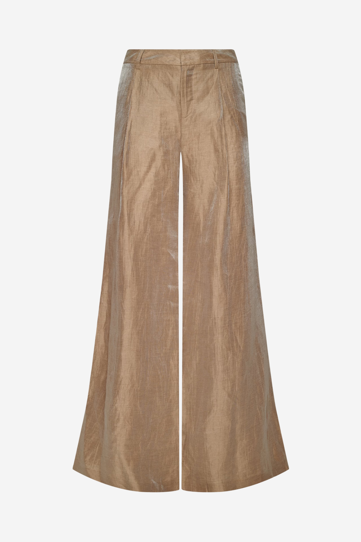 A pair of wide-leg trousers in a shimmering metallic taupe-gold fabric, shown against a plain light gray background.