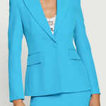 Person wearing a bright blue suit on a plain background