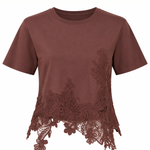 A short-sleeve crewneck t-shirt in a muted brownish-rose color, featuring a decorative floral lace applique trim along the bottom hem.