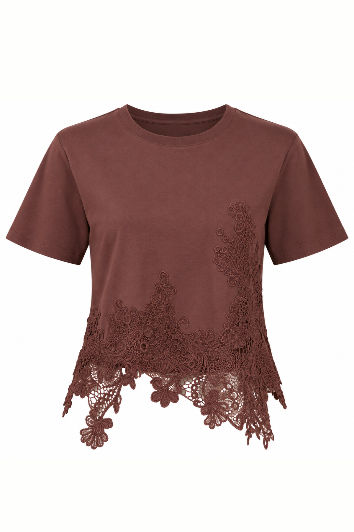 A short-sleeve crewneck t-shirt in a muted brownish-rose color, featuring a decorative floral lace applique trim along the bottom hem.