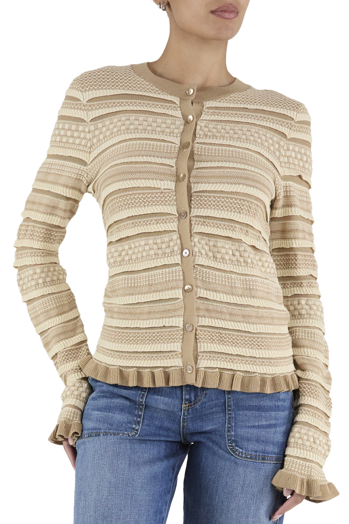 Beige patterned cardigan worn by a person on a white background