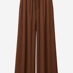 A pair of brown wide-leg cropped pants with an elastic waistband and drawstring, shown against a plain light gray background.