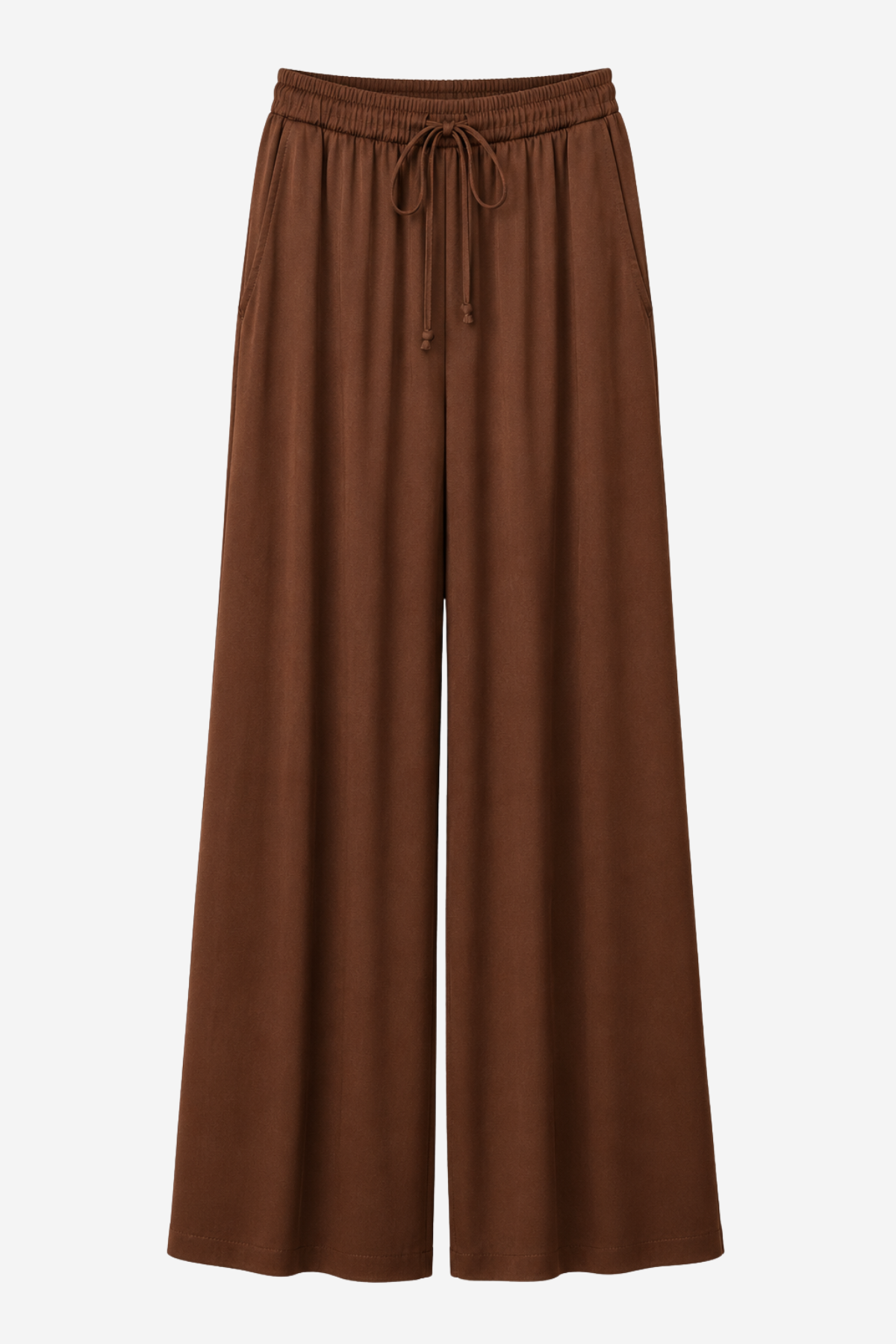 A pair of brown wide-leg cropped pants with an elastic waistband and drawstring, shown against a plain light gray background.