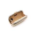 Gold clutch bag with a textured pattern on a white background