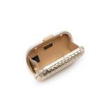 Gold clutch bag with a textured pattern on a white background