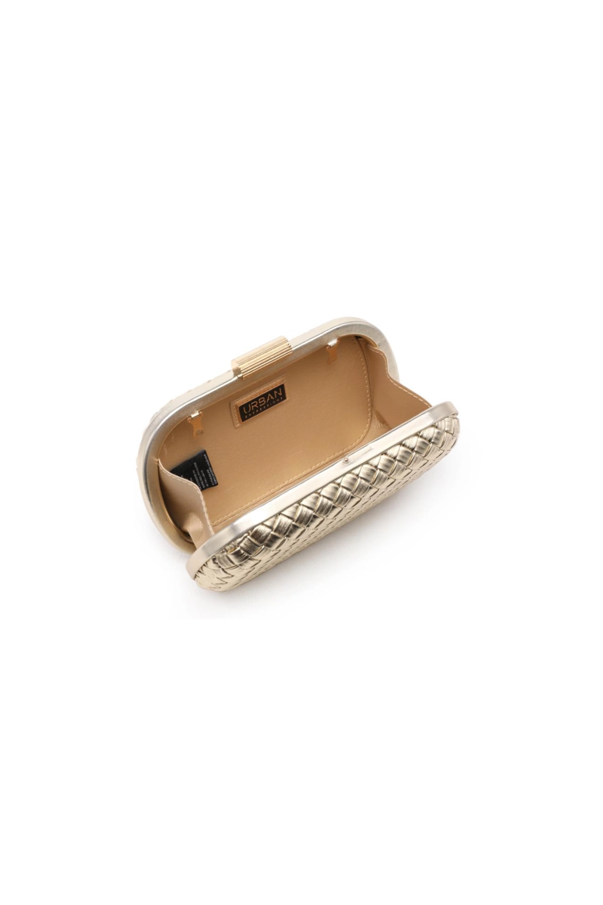 Gold clutch bag with a textured pattern on a white background