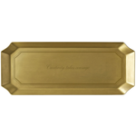 A rectangular gold tray with beveled edges and a recessed center panel featuring the engraved script phrase 'Courage takes courage'.