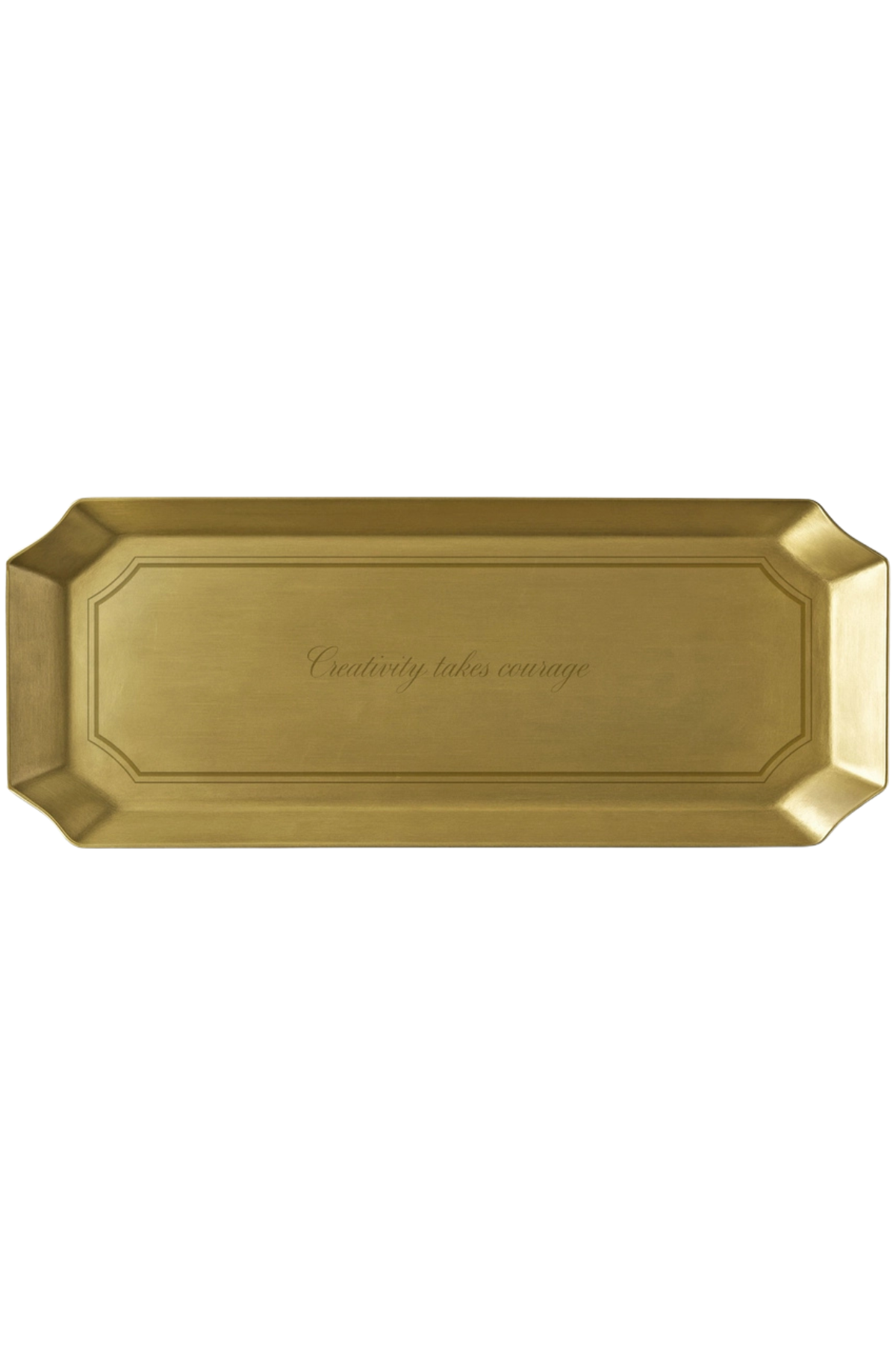 A rectangular gold tray with beveled edges and a recessed center panel featuring the engraved script phrase 'Courage takes courage'.