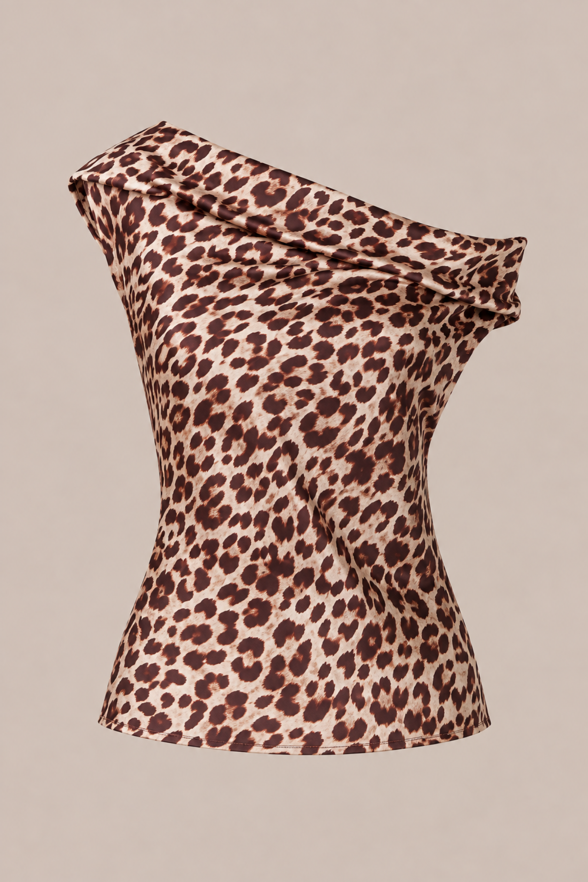 A one-shoulder leopard print top with a draped, cowl-like neckline and a fitted silhouette, shown against a solid beige background.