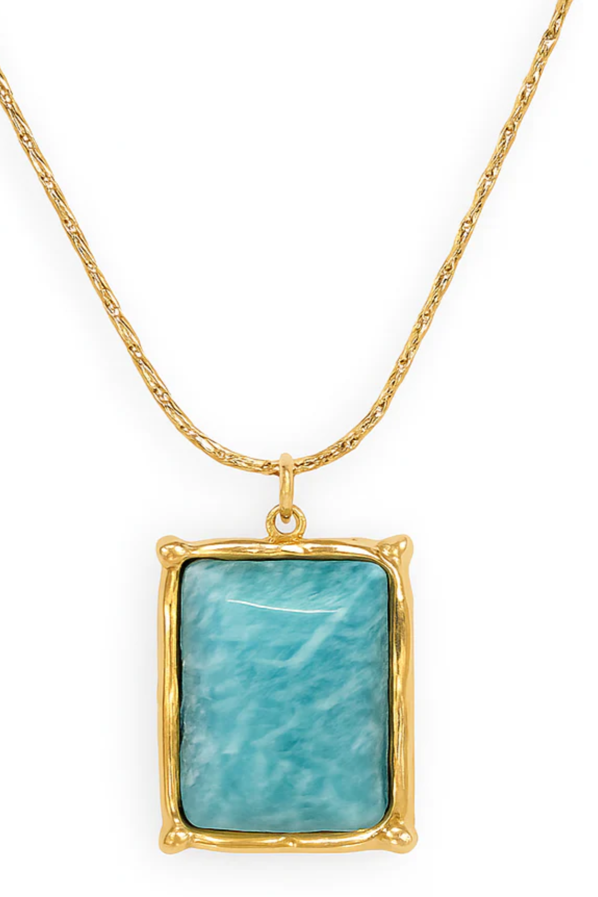 Gold necklace with a rectangular turquoise stone pendant on a white background